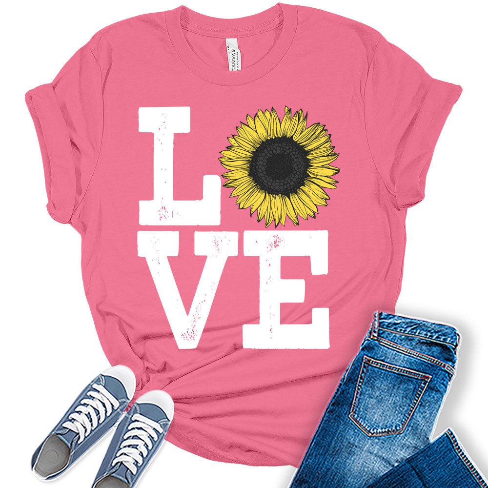 Womens Sunflower Casual Ladies Cute Floral Love Graphic Tees Spring Short Sleeve Plus Size Summer Tops for Women