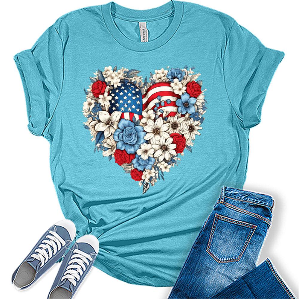 Womens 4th of July Shirts Patriotic American Flag Floral Heart Tshirts Bella Sunflower Short Sleeve Summer Graphic Tees
