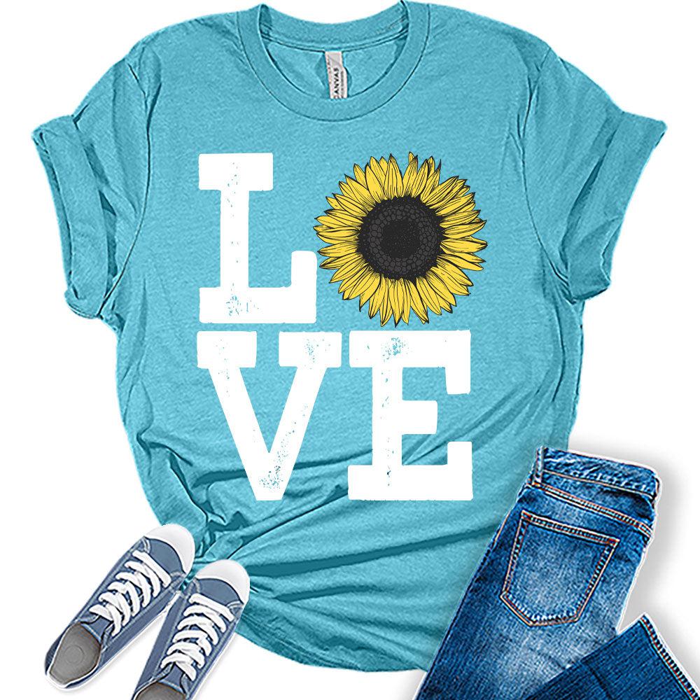 Womens Sunflower Casual Ladies Cute Floral Love Graphic Tees Spring Short Sleeve Plus Size Summer Tops for Women