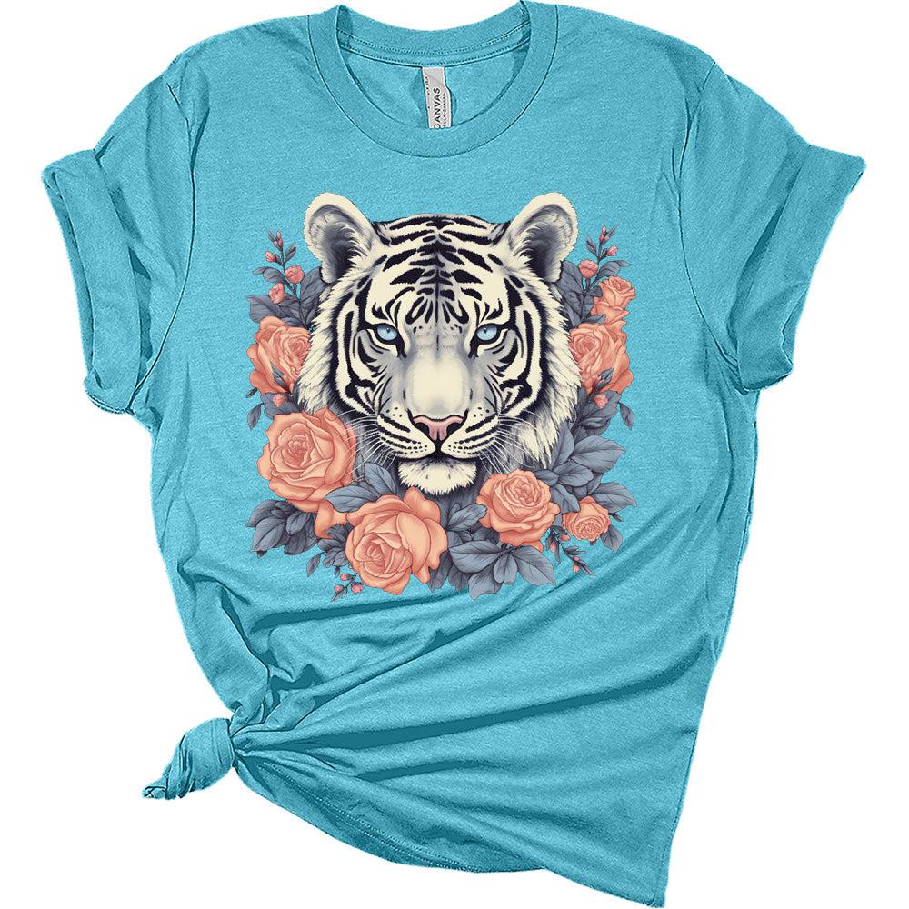 Womens Vintage Tiger Shirt Cute Bella Graphic Tees Short Sleeve Floral Summer Tops Casual Crewneck Tshirts