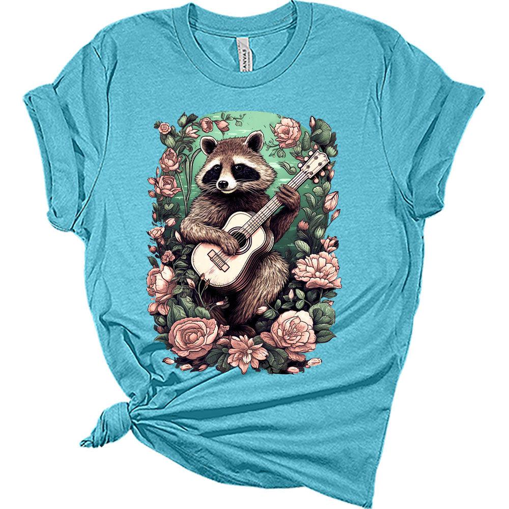 Womens Raccoon Playing Guitar Boho Groovy Shirt Cottagecore Clothing Animal Playing Music T-Shirts Cute Short Sleeve Graphic Tees Plus Size Summer Tops