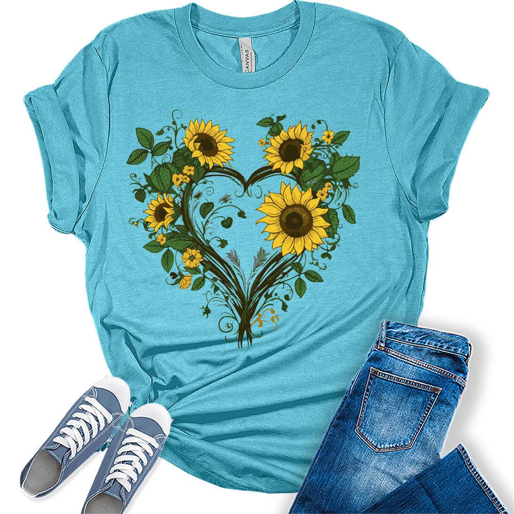 Women's Graphic Sunflower Vine Heart T Shirt Summer Bella Top Casual Plus Size Tee