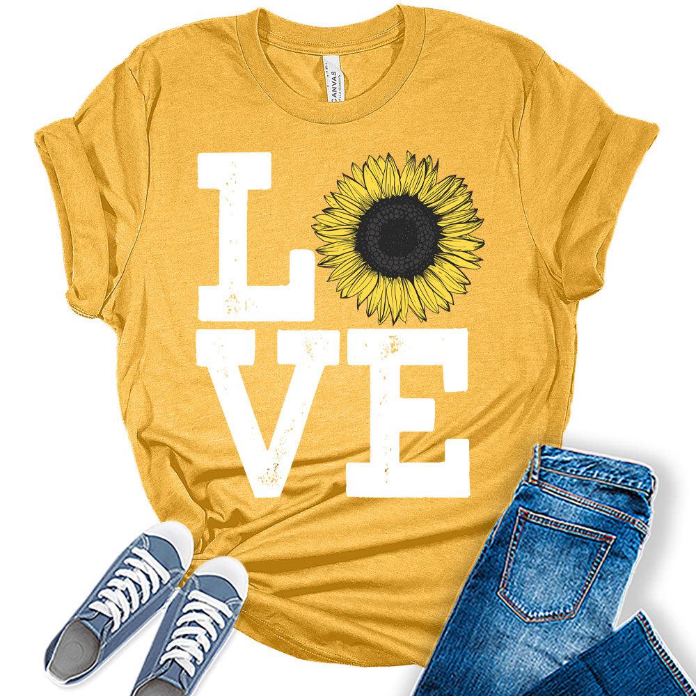 Womens Sunflower Casual Ladies Cute Floral Love Graphic Tees Spring Short Sleeve Plus Size Summer Tops for Women