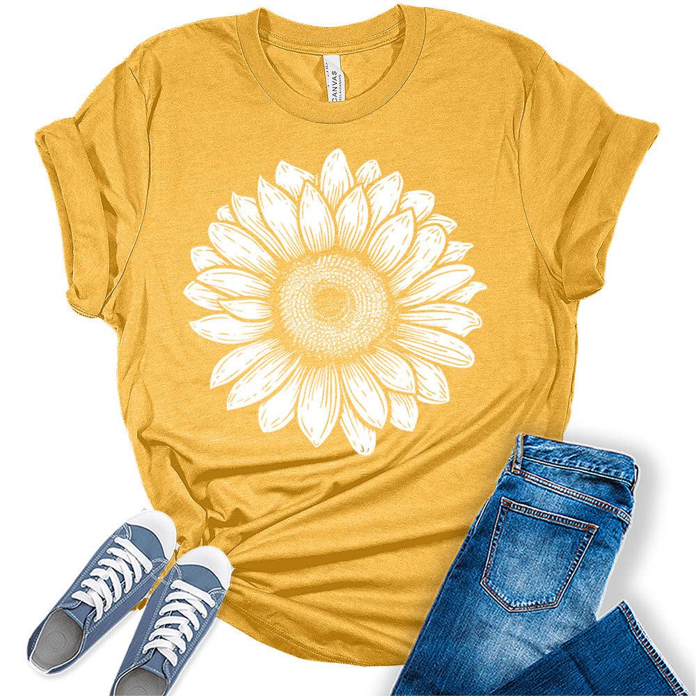 Women's Trendy Retro Sunflower Shirt Short Sleeve Floral Tshirt Casual Bella Graphic Tee Summer Top