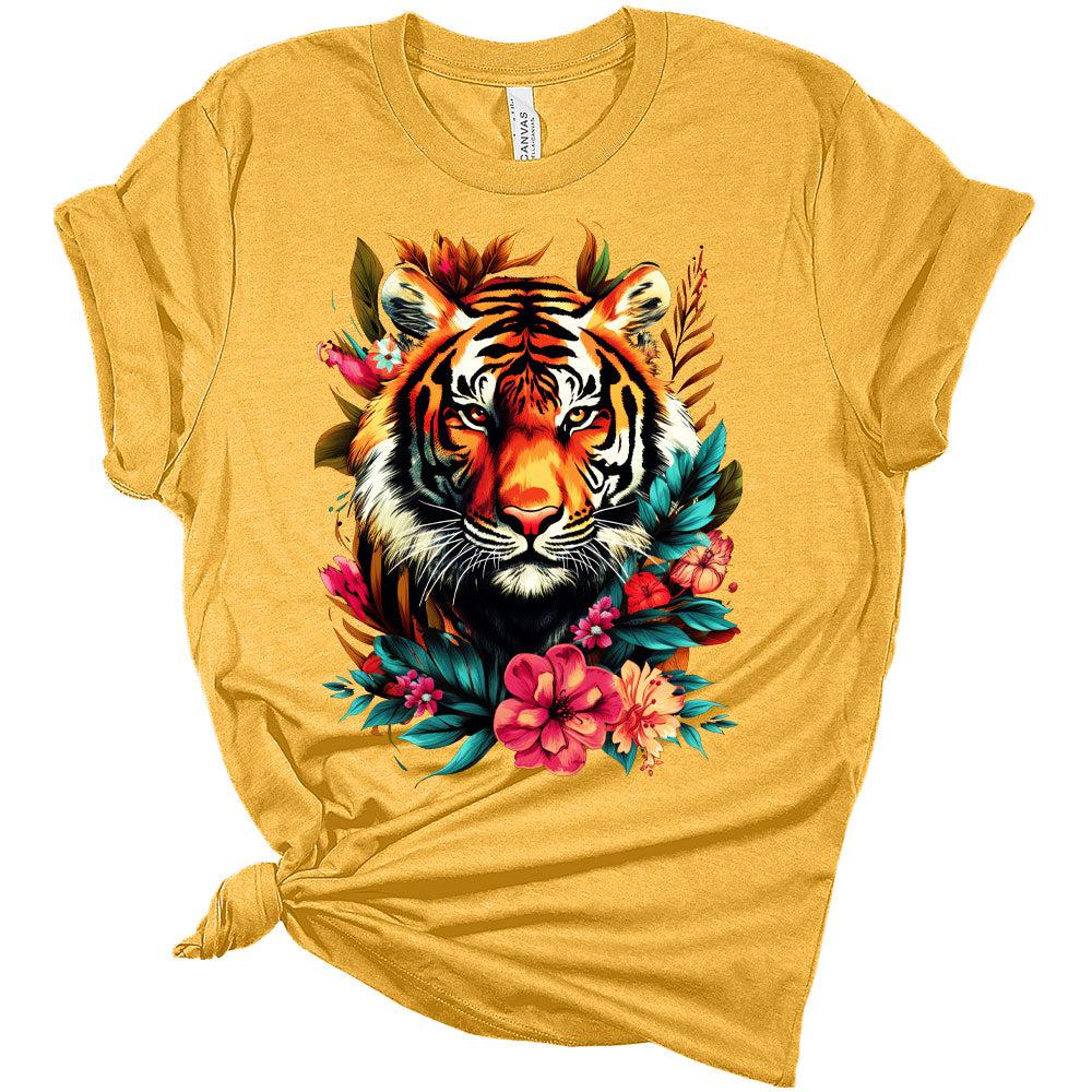 Womens Groovy Floral Tiger Shirts Cute T-Shirt Short Sleeve Tops Summer Crewneck Graphic Tee