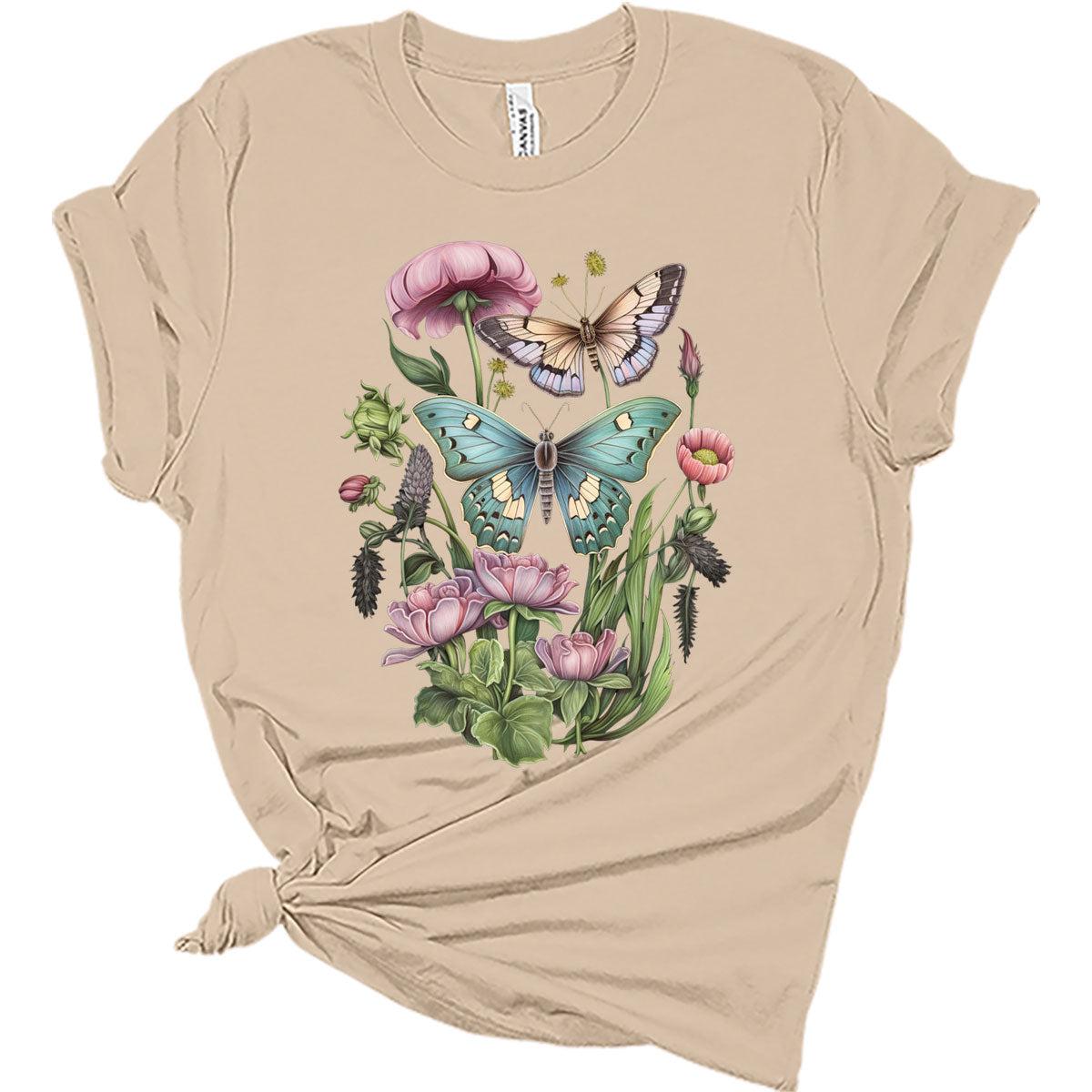 Womens Cute Butterfly Moth Wildflower Casual Graphic Tees Vintage Short Sleeve Girls T Shirts Fall Plus Size Tops