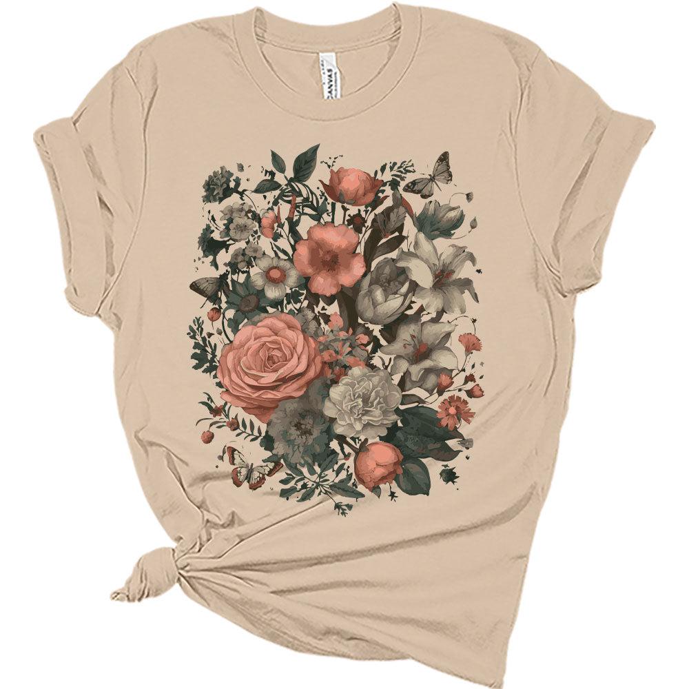Womens Floral Shirts Trendy Wildflower Vintage Graphic Tees Butterfly Short Sleeve T Shirts Bella Summer Tops
