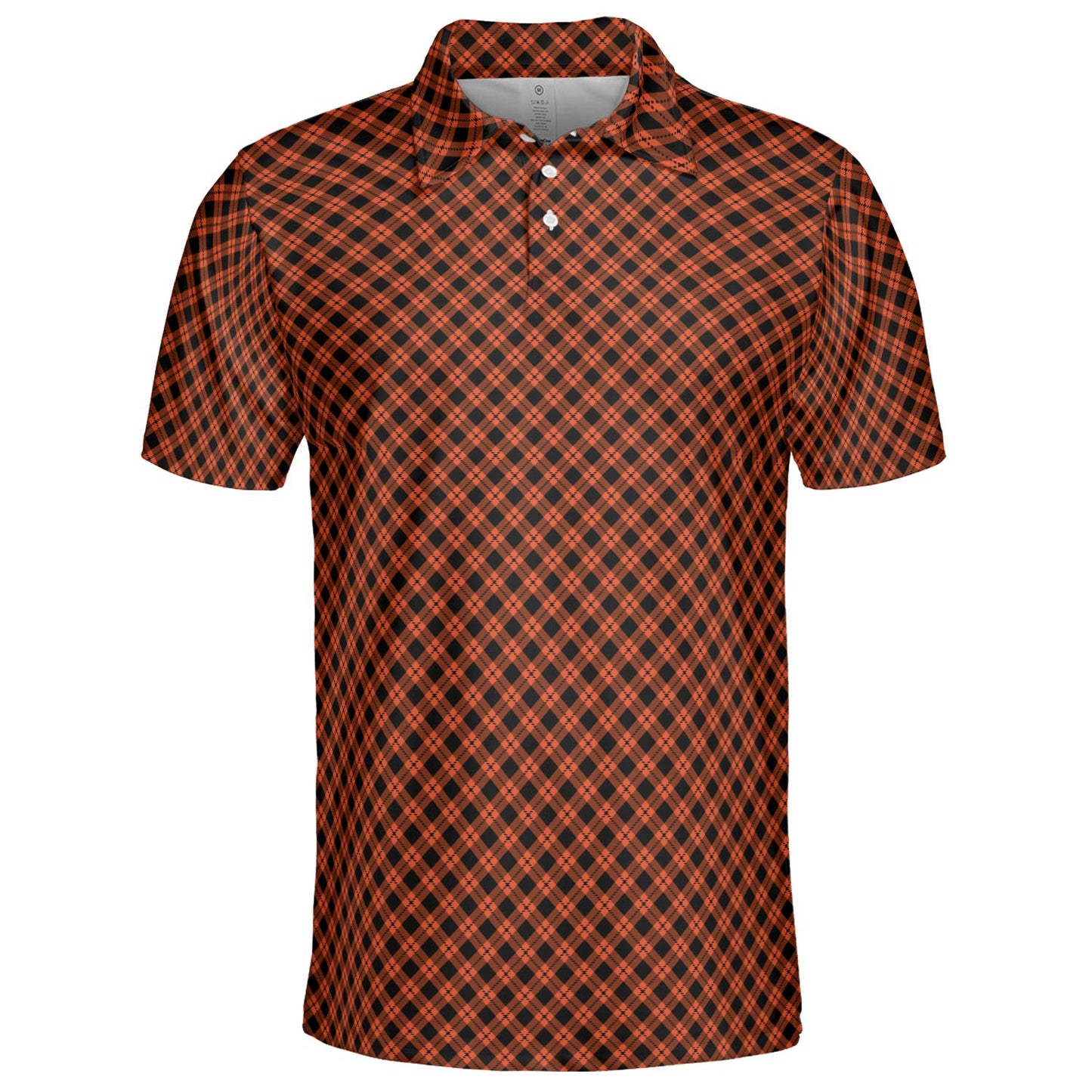 Black and Orange Plaid Polo Shirt for Men Halloween Fall Checkered Pattern Moisture Wicking Short Sleeve Golf Top