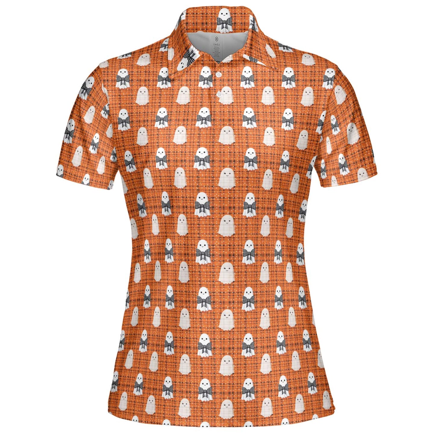 Cute Ghost Halloween Polo Shirt for Women Orange Plaid Moisture Wicking Short Sleeve Golf Top