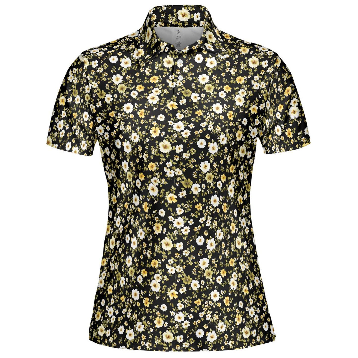 Black Daisy Floral Polo Shirt for Women Yellow Cottagecore Spring Summer Chic Moisture Wicking Short Sleeve Golf Top