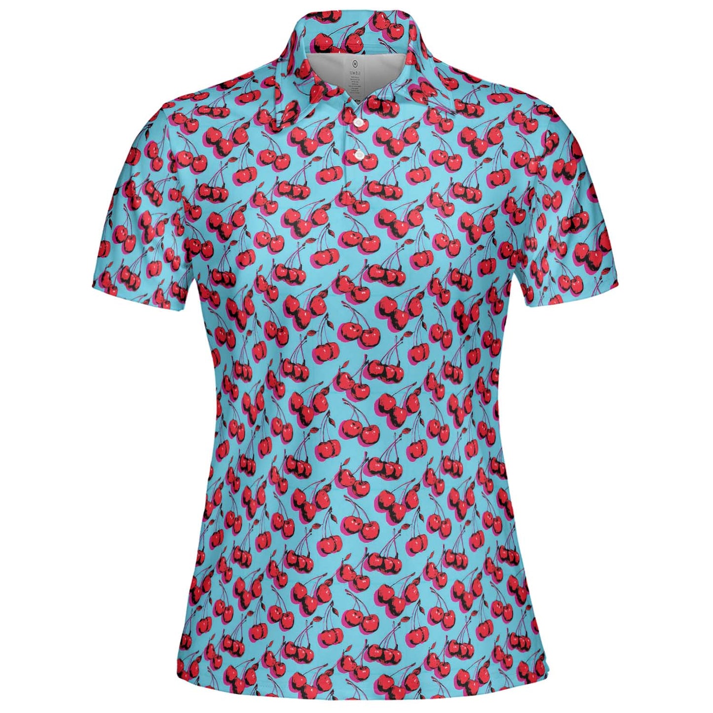 Cherry Print Polo Shirt for Women Blue Retro Y2K Summer Moisture Wicking Short Sleeve Golf Top