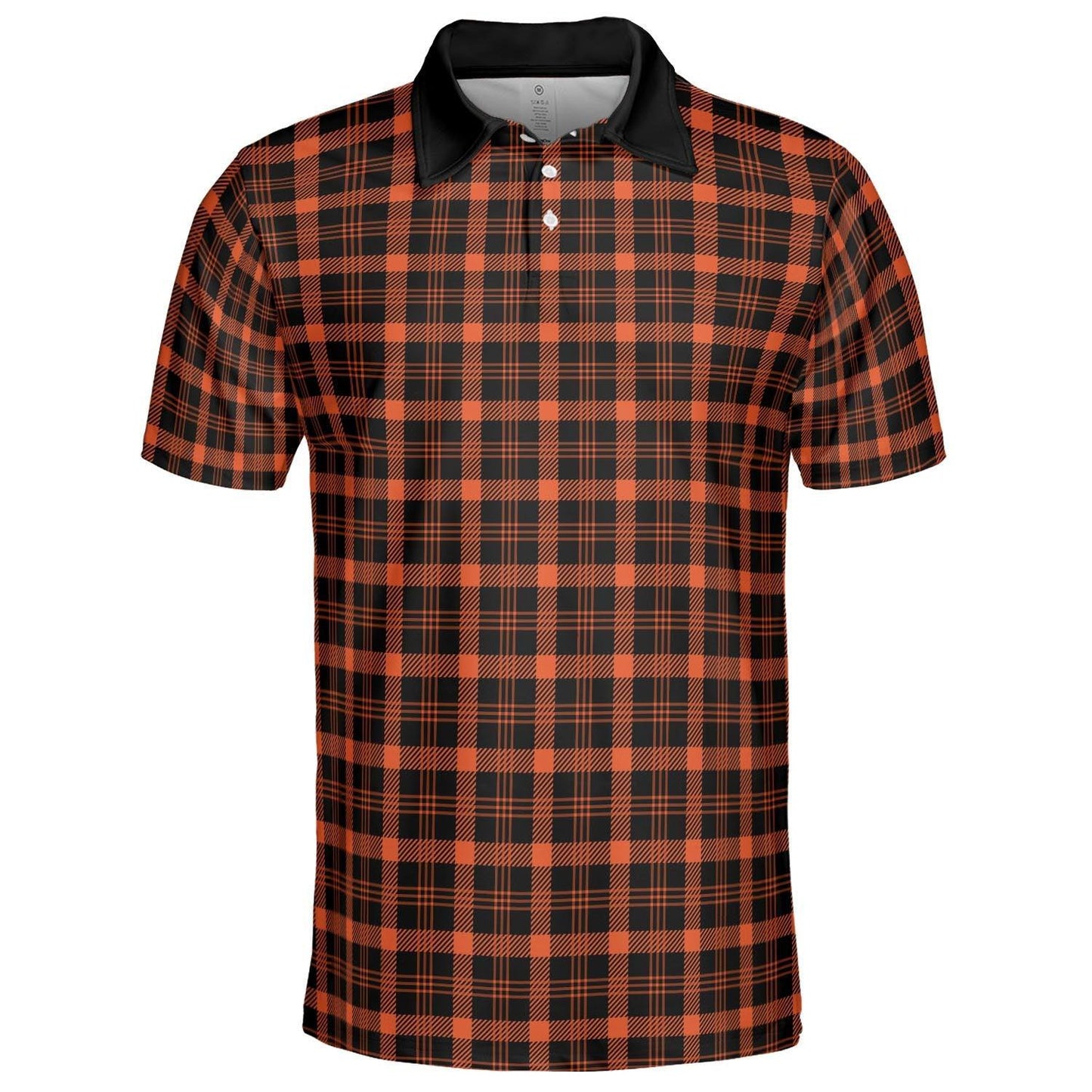 Black and Orange Buffalo Plaid Polo Shirt for Men Halloween Fall Checkered Pattern Moisture Wicking Short Sleeve Golf Top
