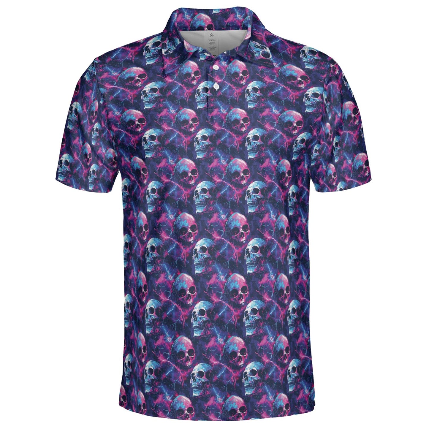 Electric Neon Cosmic Skull Print Halloween Polo Shirt for Men Moisture Wicking Short Sleeve Golf Top