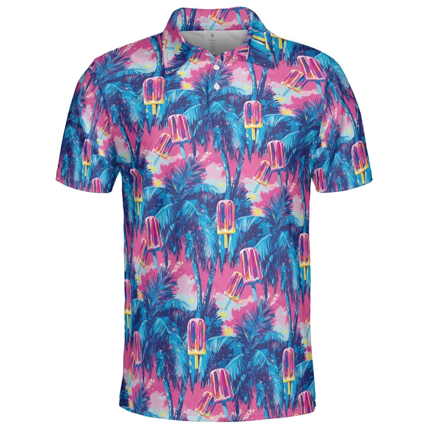 Tropical Popsicle Palm Print Summer Polo Shirt for Men Moisture Wicking Short Sleeve Vacation Golf Top