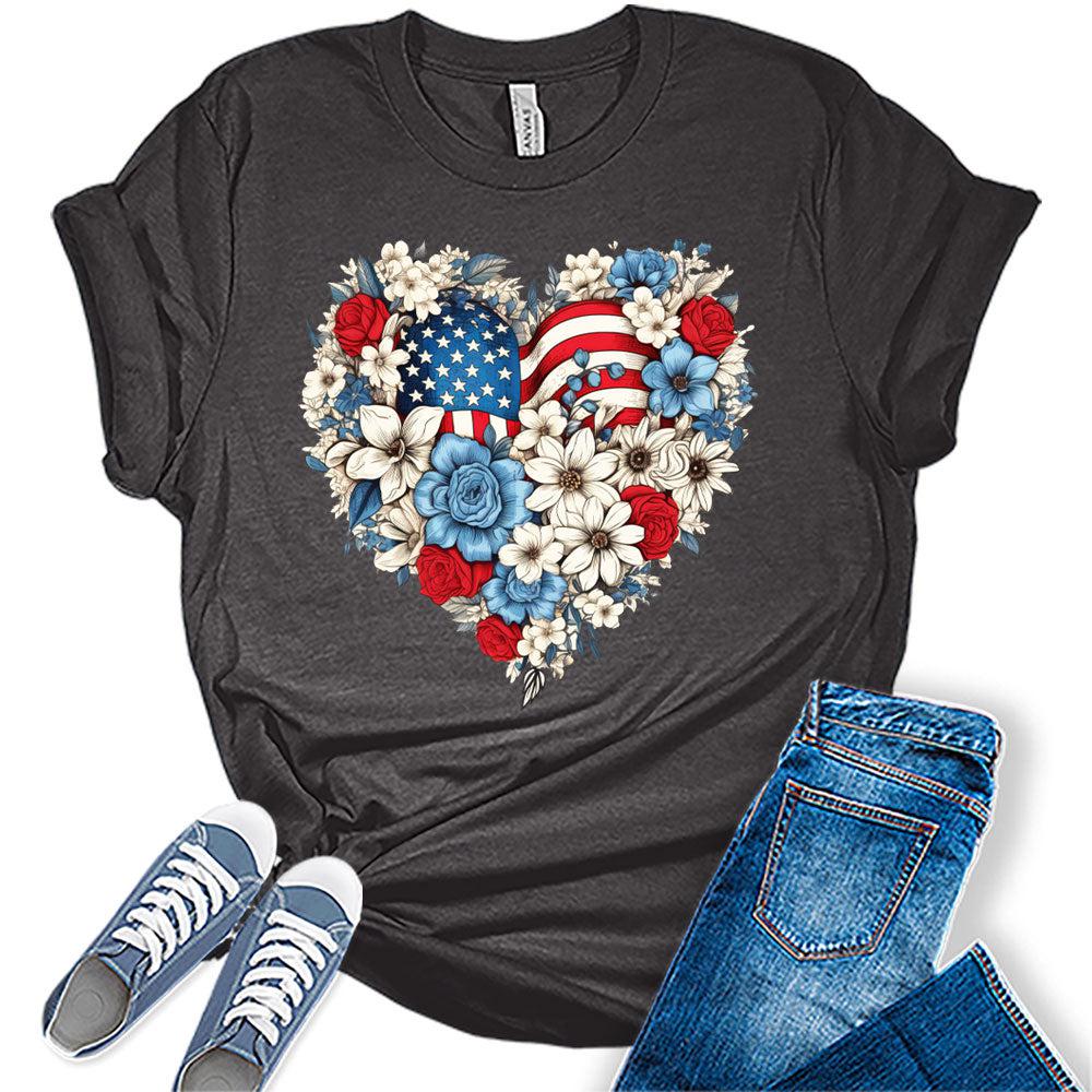 Womens 4th of July Shirts Patriotic American Flag Floral Heart Tshirts Bella Sunflower Short Sleeve Summer Graphic Tees