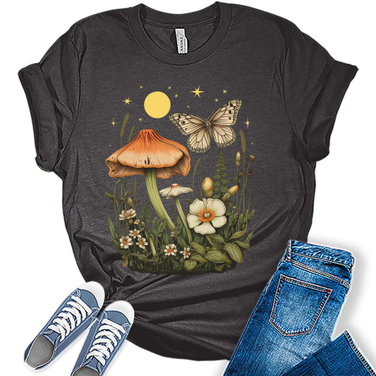 Womens Mushroom Butterfly Tshirts Vintage Tops Cute Floral Wildflower Girls Shirts