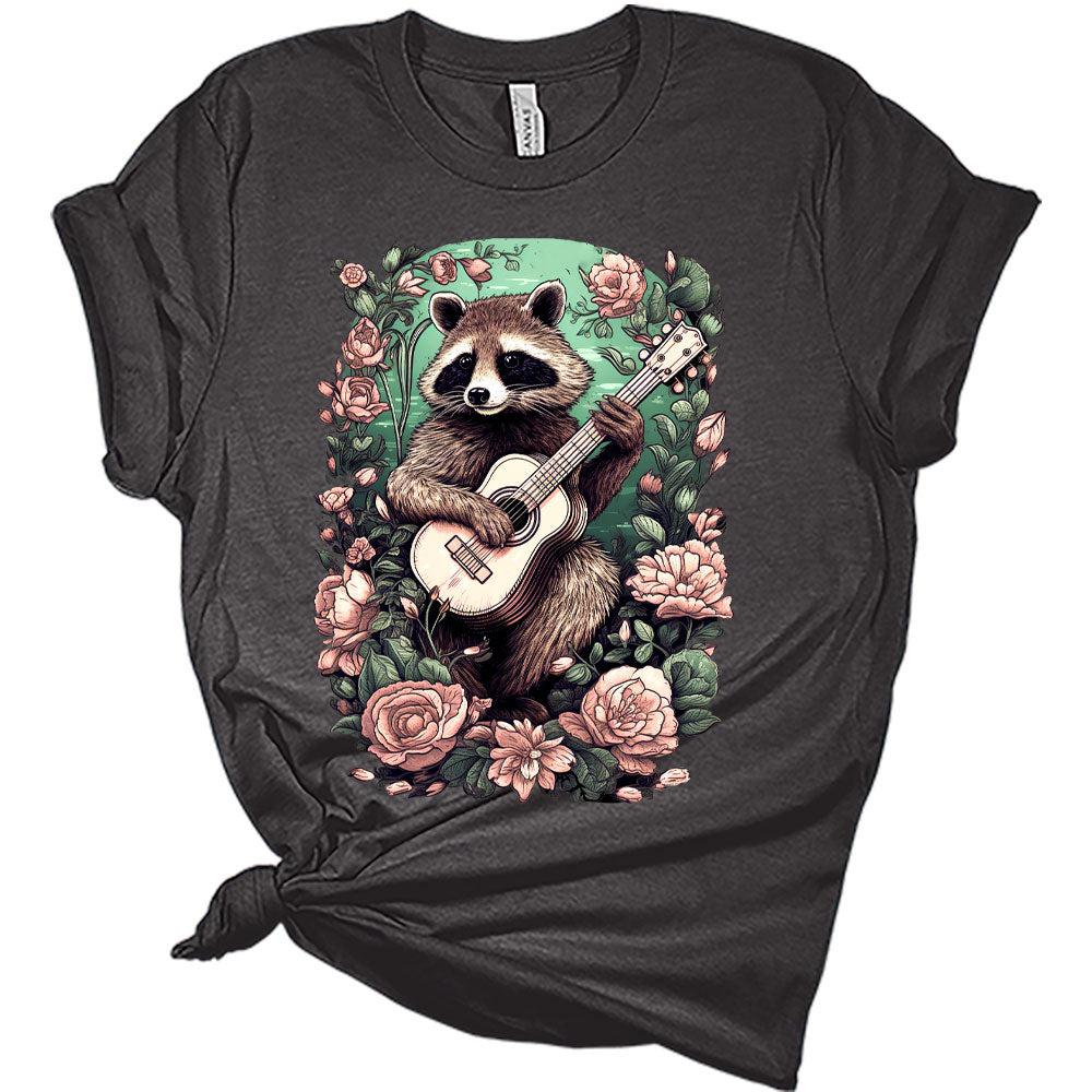 Womens Raccoon Playing Guitar Boho Groovy Shirt Cottagecore Clothing Animal Playing Music T-Shirts Cute Short Sleeve Graphic Tees Plus Size Summer Tops