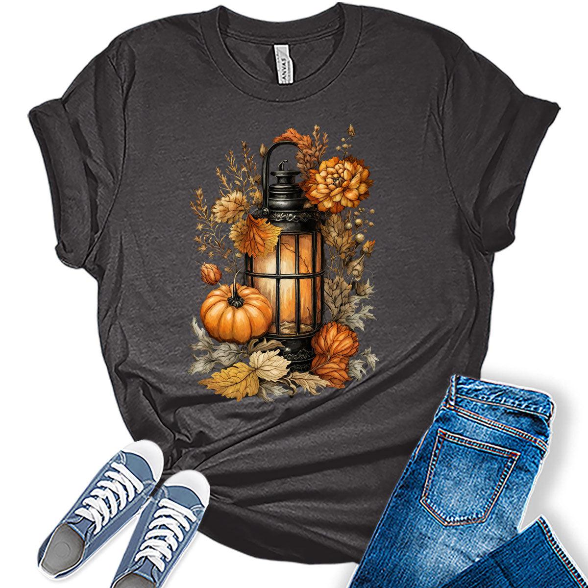 Fall Clothes for Women Casual Cottagecore Pumpkin Lantern Graphic Tees Autumn Shirts