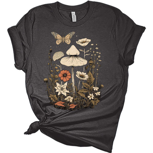 Graphic Tees for Women Floral Mushroom Butterfly Tshirts Vintage Tops Cute Floral Wildflower Girls Shirts