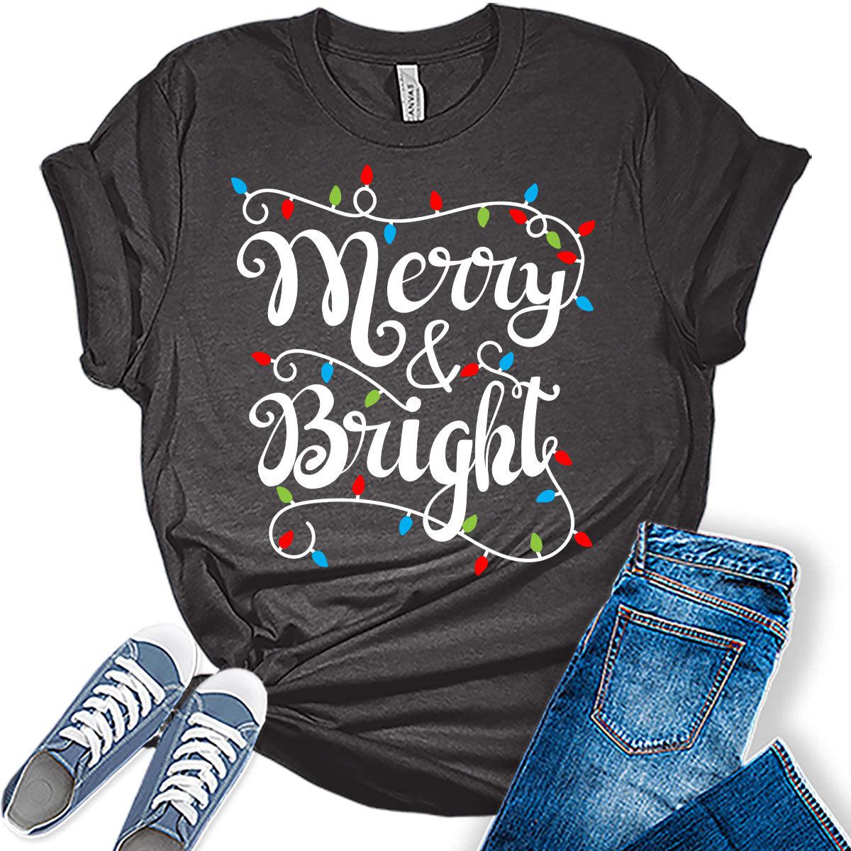 Christmas Shirts Womens Merry and Bright Shirt Holiday Xmas Tshirt Christmas Lights Tees