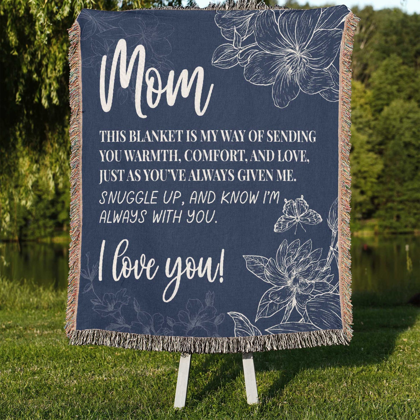 Mom I Love You Floral Gift for Mothers Woven Jacquard Blanket