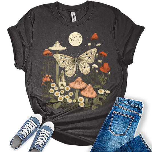 Womens Floral Moth Moon Shirts Wildflower Casual Graphic Tees Vintage Short Sleeve Girls T Shirts Fall Plus Size Tops