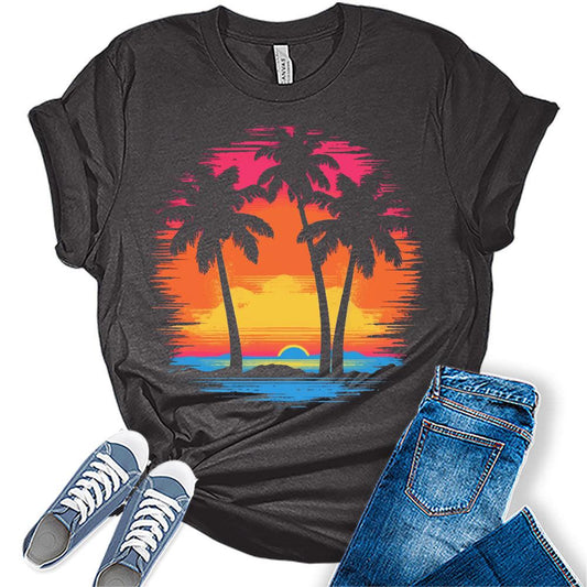 Beach Shirts for Women Coconut Trees Hawaiian Sunset Graphic Tshirt Summer Vacation Beach Tees Tops