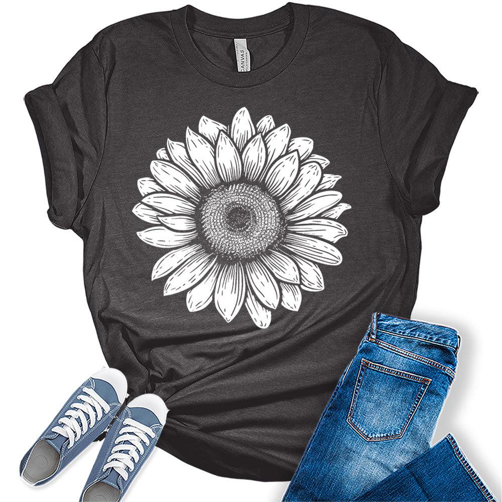 Women's Trendy Retro Sunflower Shirt Short Sleeve Floral Tshirt Casual Bella Graphic Tee Summer Top