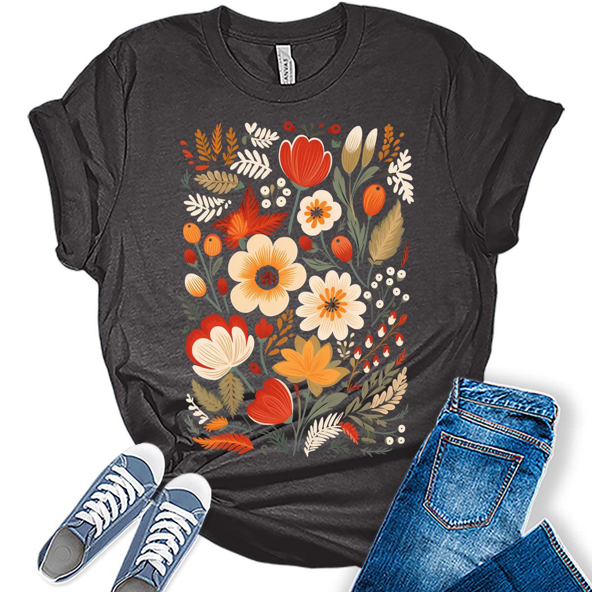 Vintage Floral Fall Graphic Tee for Women Cute Cottagecore Boho Tops for Teen Girls