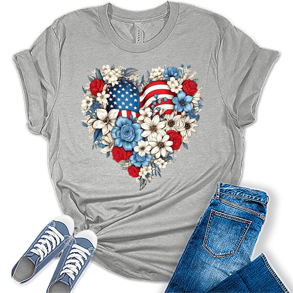 Womens 4th of July Shirts Patriotic American Flag Floral Heart Tshirts Bella Sunflower Short Sleeve Summer Graphic Tees