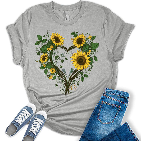 Women's Graphic Sunflower Vine Heart T Shirt Summer Bella Top Casual Plus Size Tee