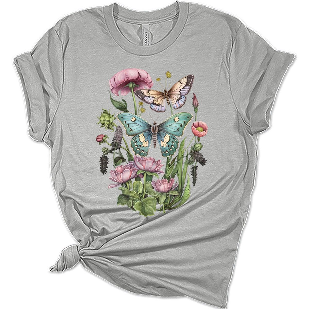 Womens Cute Butterfly Moth Wildflower Casual Graphic Tees Vintage Short Sleeve Girls T Shirts Fall Plus Size Tops