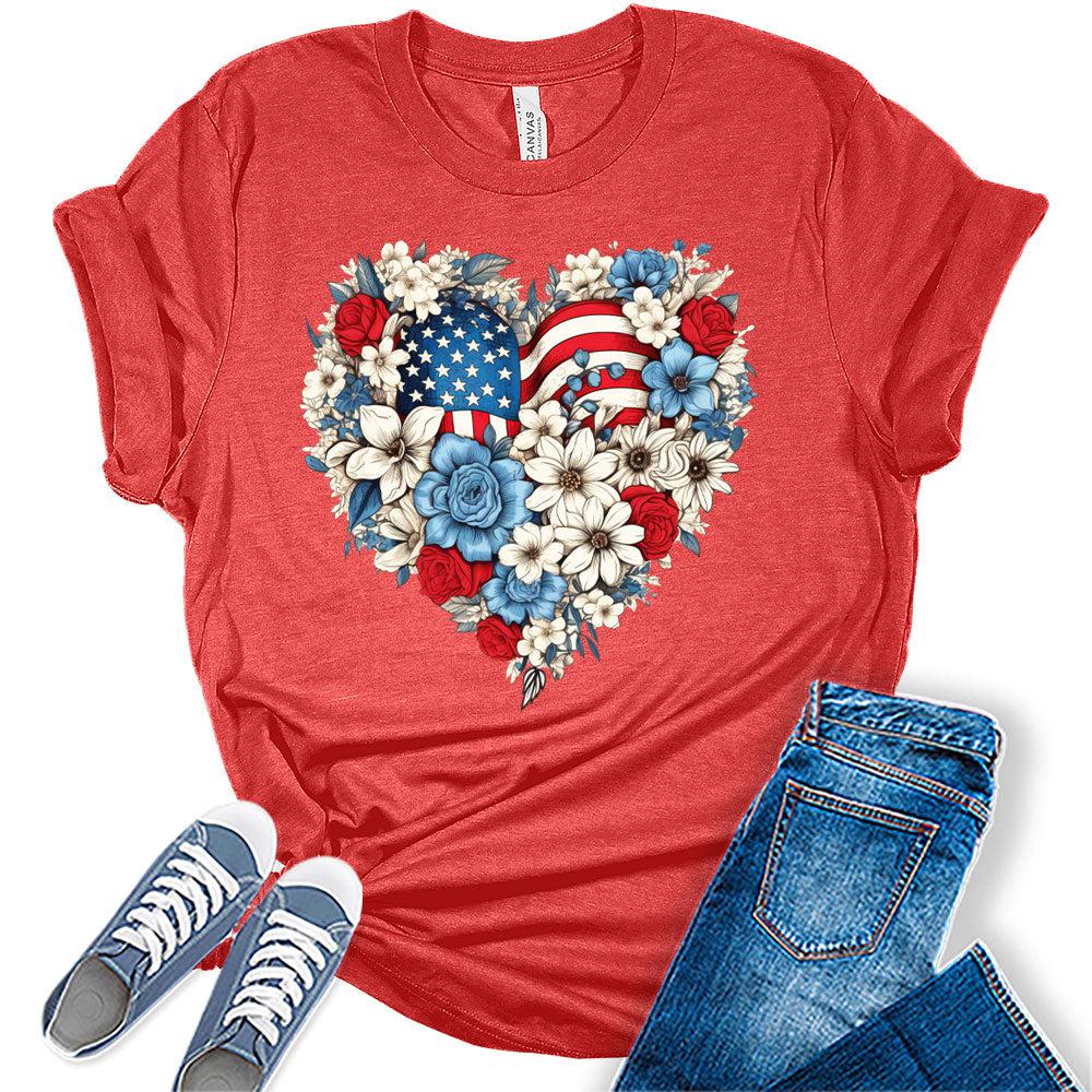Womens 4th of July Shirts Patriotic American Flag Floral Heart Tshirts Bella Sunflower Short Sleeve Summer Graphic Tees