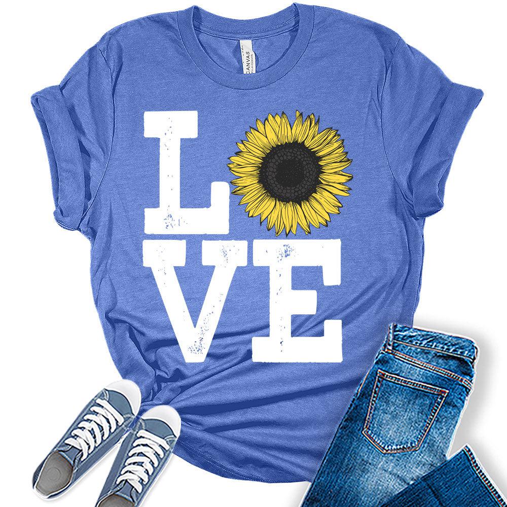 Womens Sunflower Casual Ladies Cute Floral Love Graphic Tees Spring Short Sleeve Plus Size Summer Tops for Women