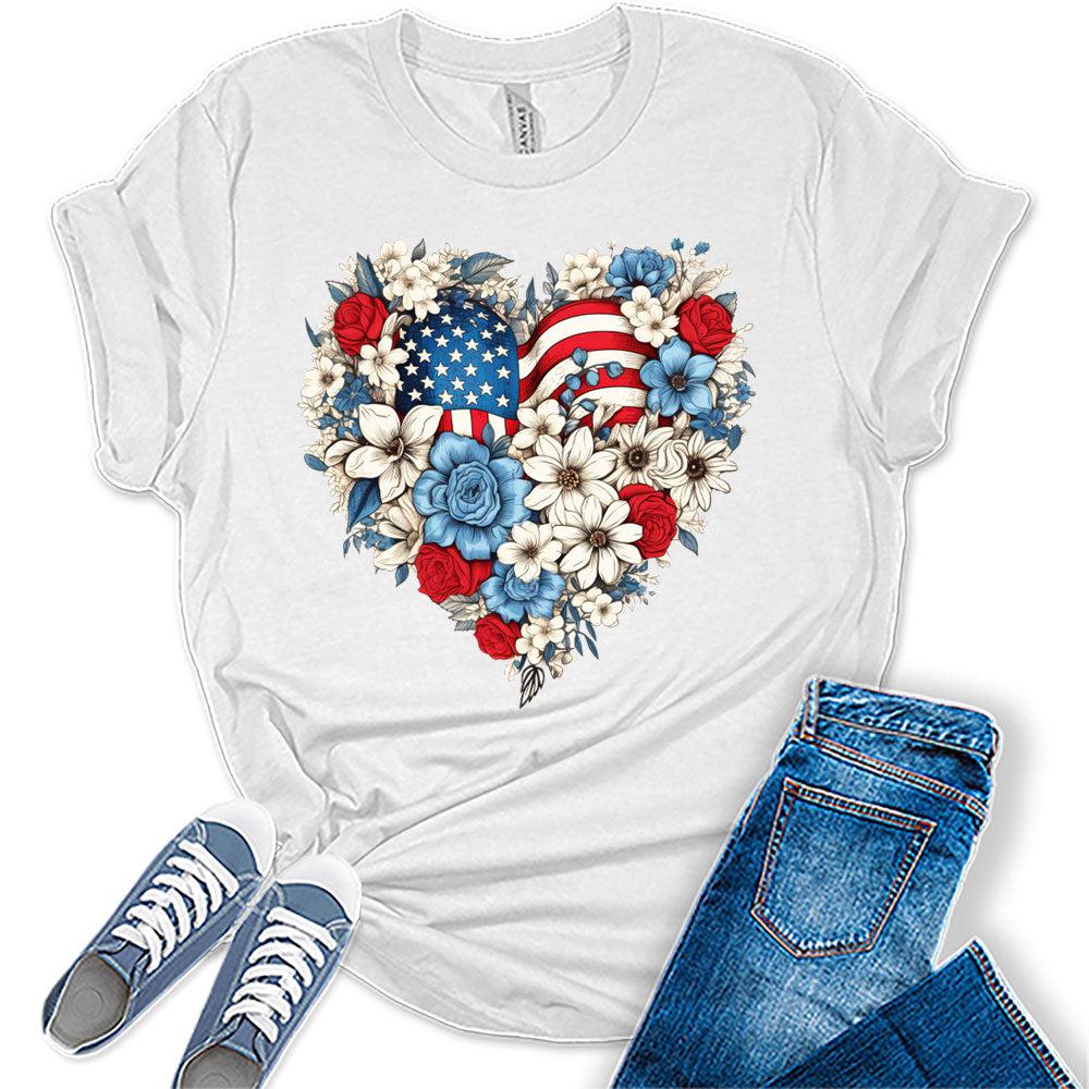 Womens 4th of July Shirts Patriotic American Flag Floral Heart Tshirts Bella Sunflower Short Sleeve Summer Graphic Tees