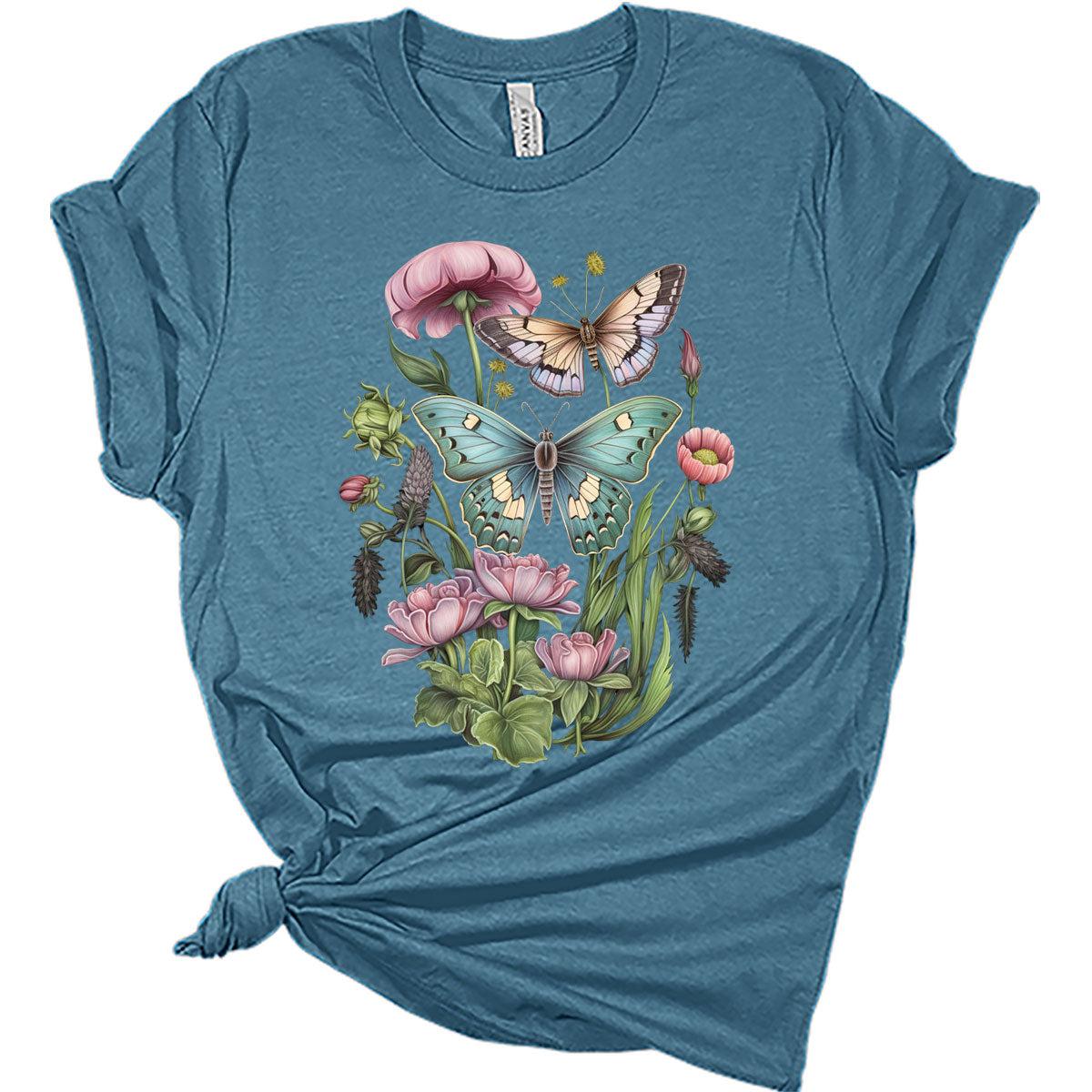 Womens Cute Butterfly Moth Wildflower Casual Graphic Tees Vintage Short Sleeve Girls T Shirts Fall Plus Size Tops