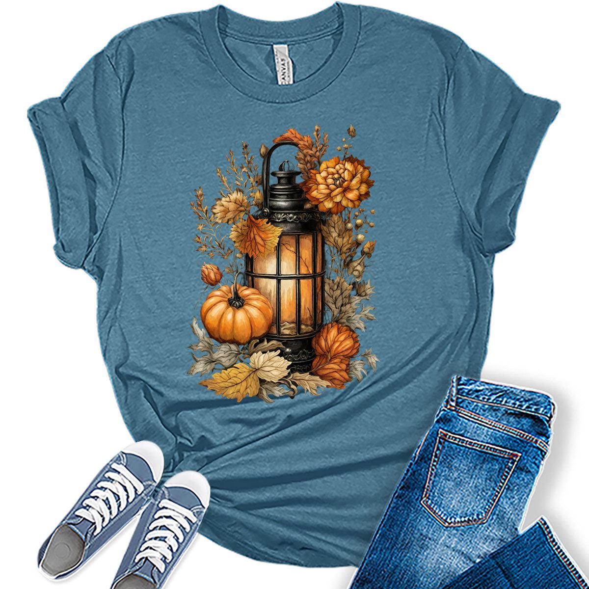 Fall Clothes for Women Casual Cottagecore Pumpkin Lantern Graphic Tees Autumn Shirts
