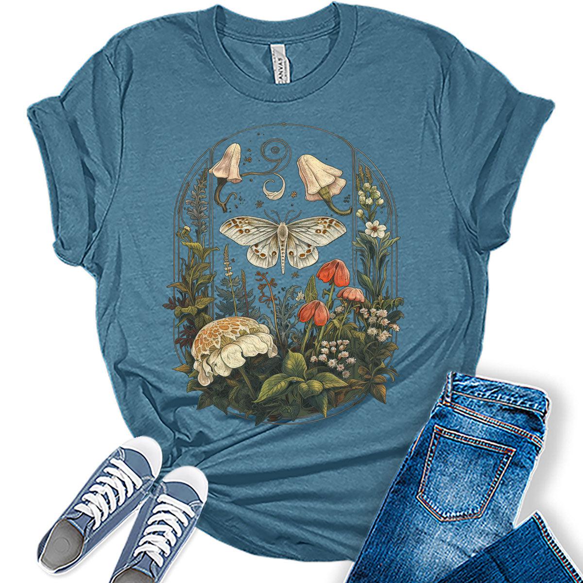 Floral Moth Graphic Tees for Women Tshirts Vintage Tops Cute Floral Wildflower Girls Shirts