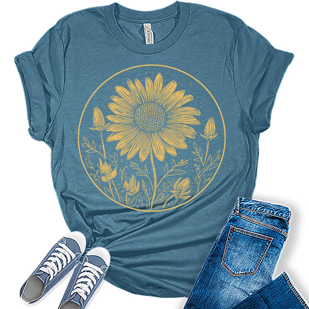 Sunflower Shirt Vintage Boho Tshirts Fall Graphic Tees for Women