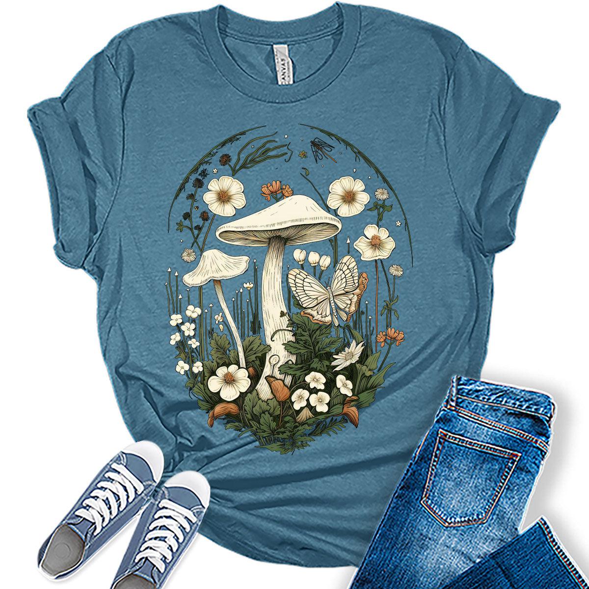 Womens Floral Mushroom Butterfly Tshirts Vintage Tops Cute Floral Wildflower Girls Shirts
