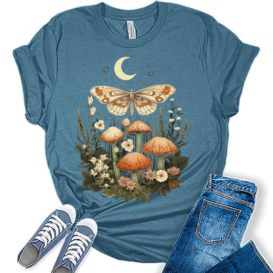 Womens Moth Floral Mushroom Crecent Moon Graphic Tees Vintage Tops Cute Floral Wildflower Girls Shirts