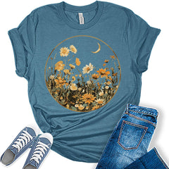Aesthetic Floral Moon Shirt Graphic Tees for Women Trendy Plus Size Summer Tops