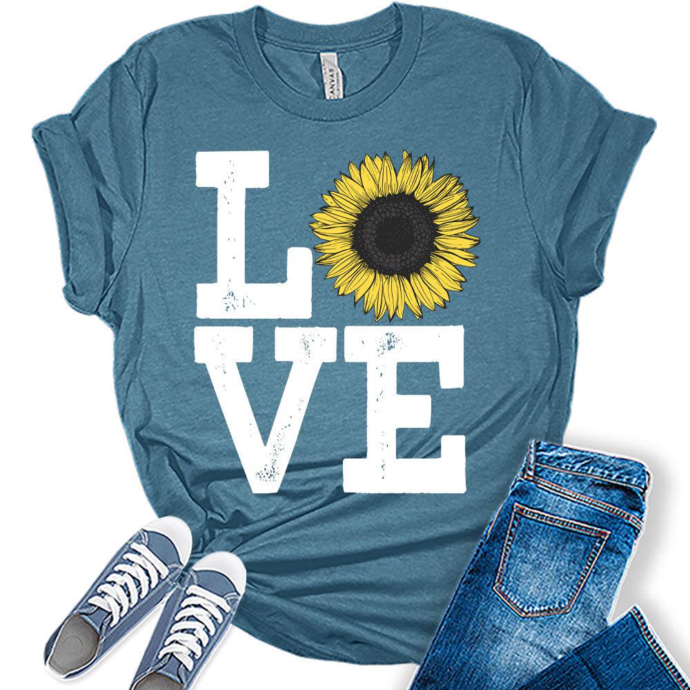 Womens Sunflower Casual Ladies Cute Floral Love Graphic Tees Spring Short Sleeve Plus Size Summer Tops for Women