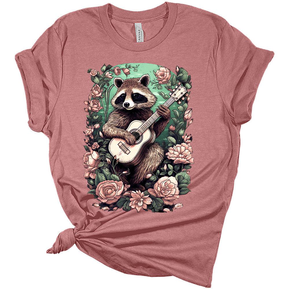 Womens Raccoon Playing Guitar Boho Groovy Shirt Cottagecore Clothing Animal Playing Music T-Shirts Cute Short Sleeve Graphic Tees Plus Size Summer Tops