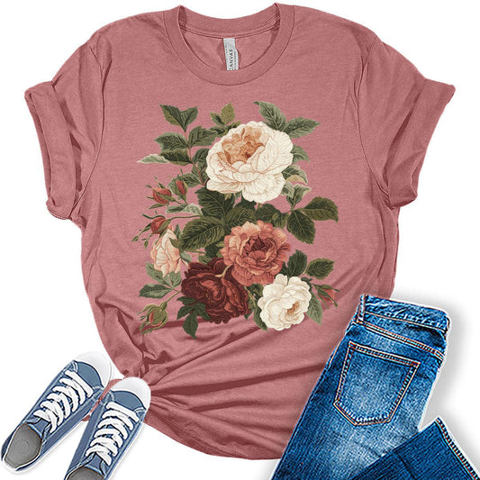 Flower Shirts Trendy Vintage Plus Size Casual Summer Graphic Tees for Women