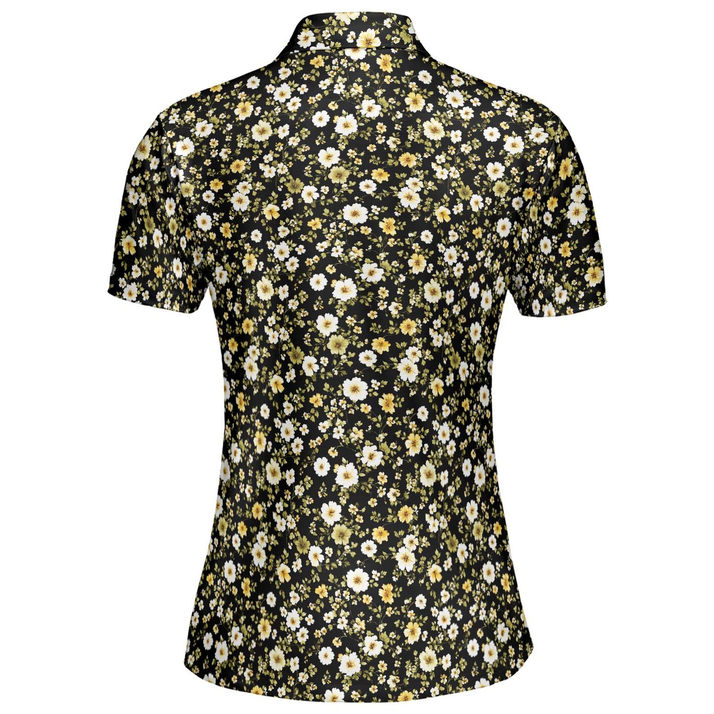 Black Daisy Floral Polo Shirt for Women Yellow Cottagecore Spring Summer Chic Moisture Wicking Short Sleeve Golf Top