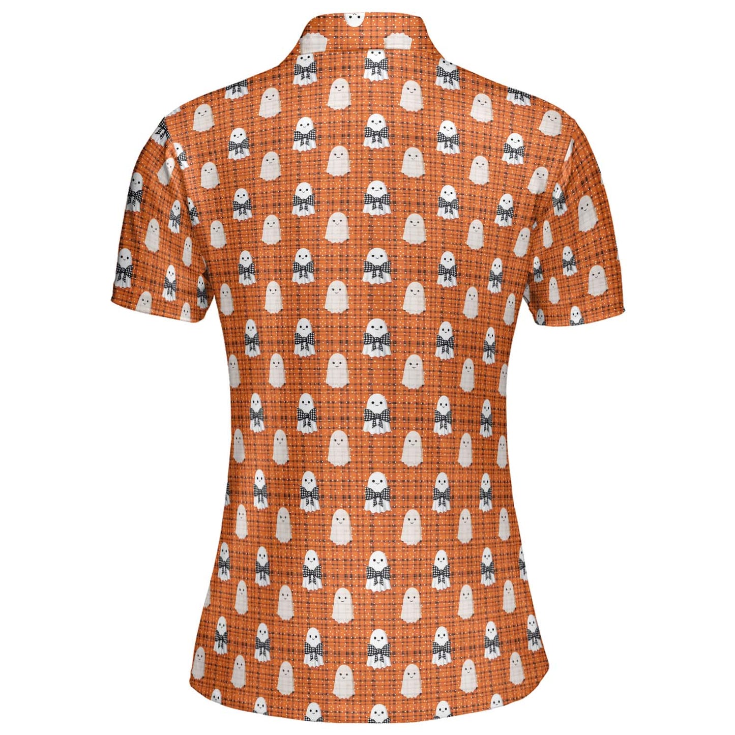 Cute Ghost Halloween Polo Shirt for Women Orange Plaid Moisture Wicking Short Sleeve Golf Top