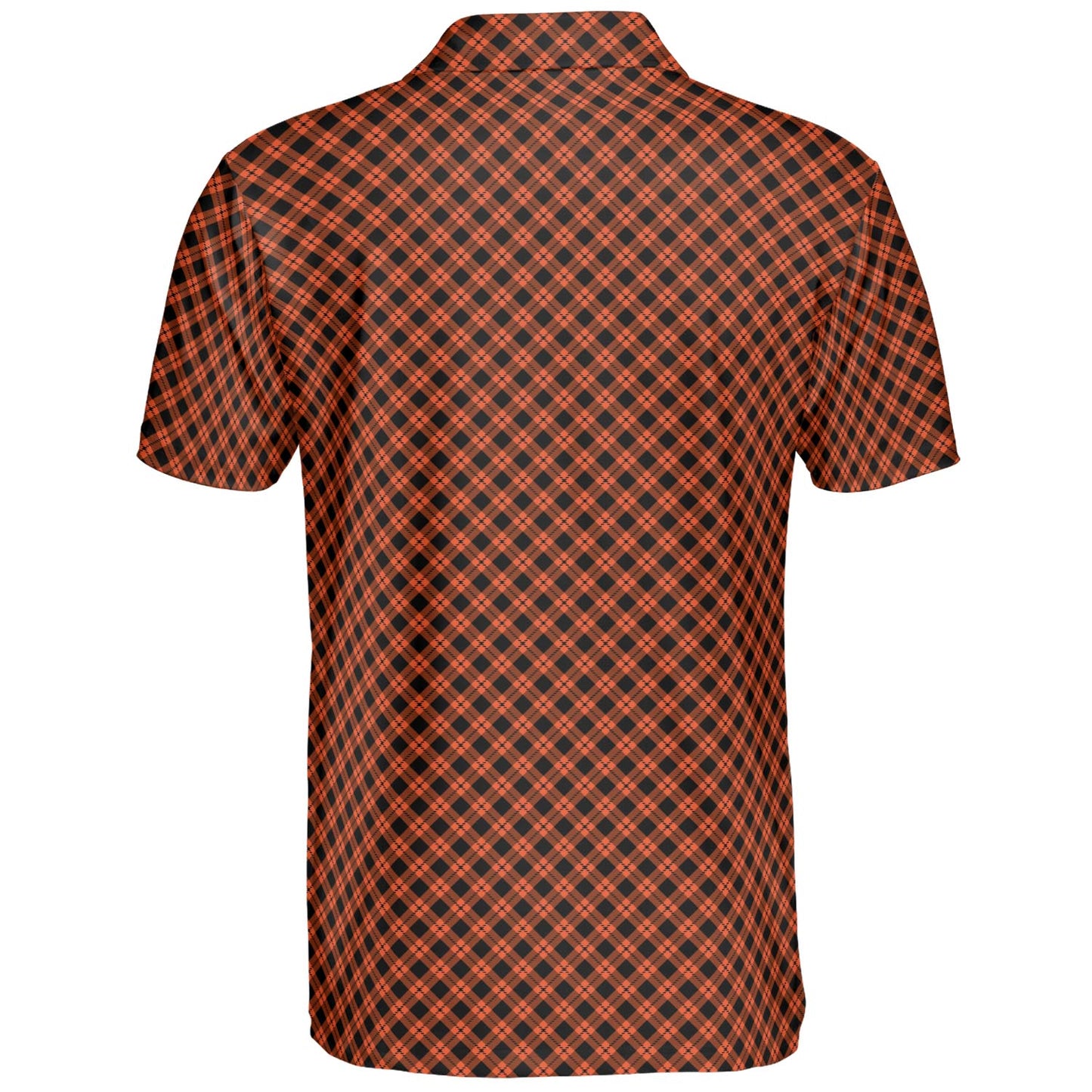 Black and Orange Plaid Polo Shirt for Men Halloween Fall Checkered Pattern Moisture Wicking Short Sleeve Golf Top