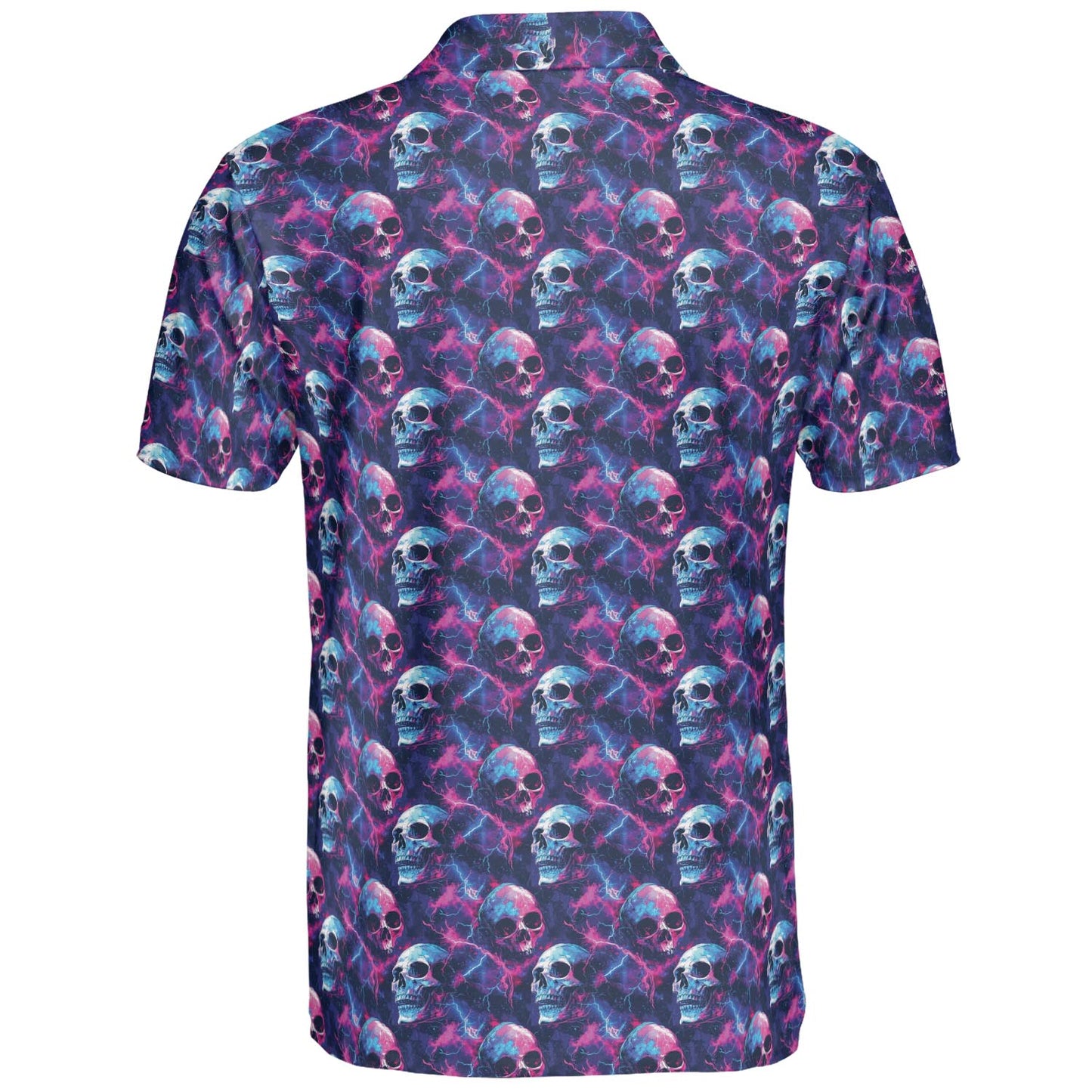Electric Neon Cosmic Skull Print Halloween Polo Shirt for Men Moisture Wicking Short Sleeve Golf Top
