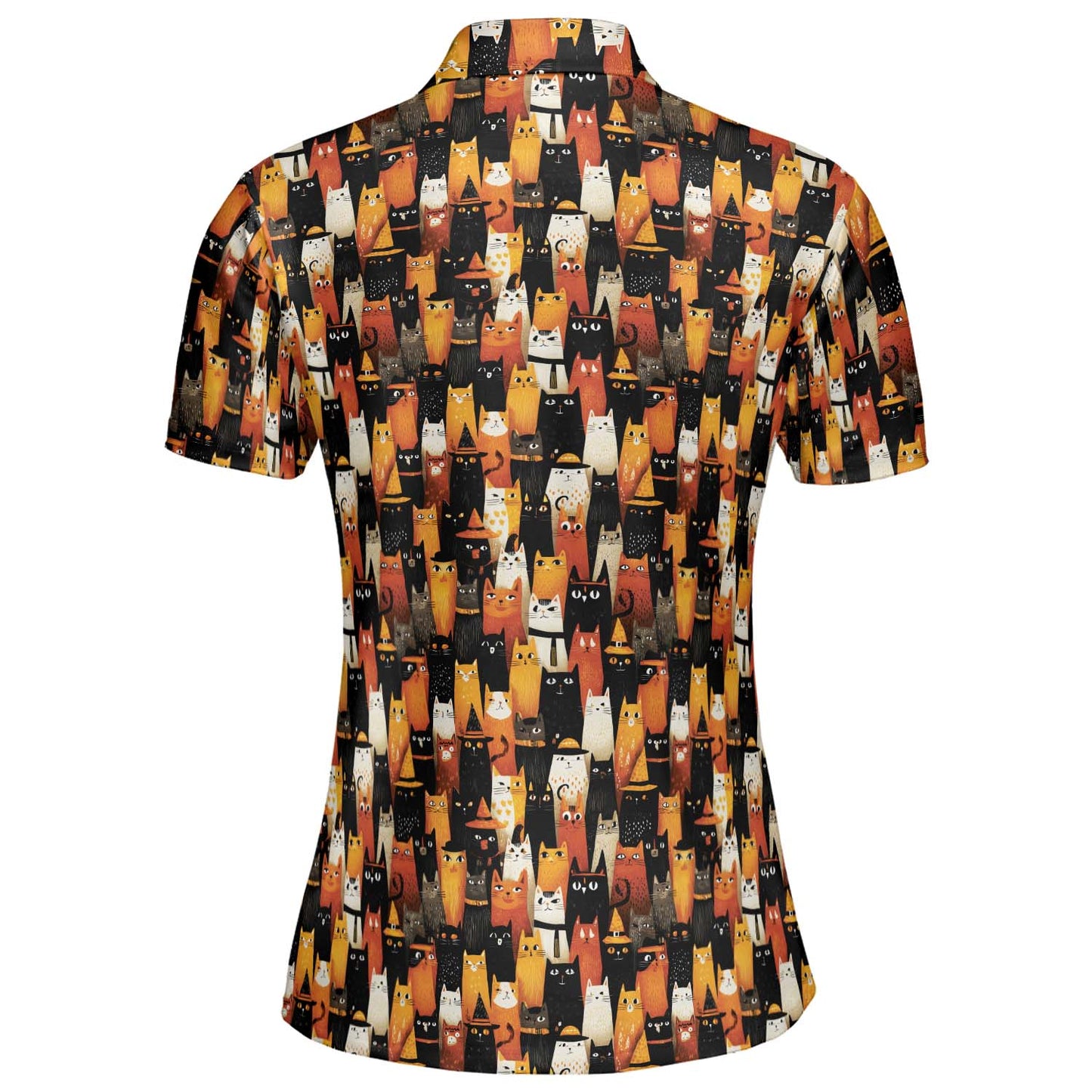 Halloween Cat Polo Shirt for Women Orange Black Witchy Kitty Costume Moisture Wicking Short Sleeve Golf Top